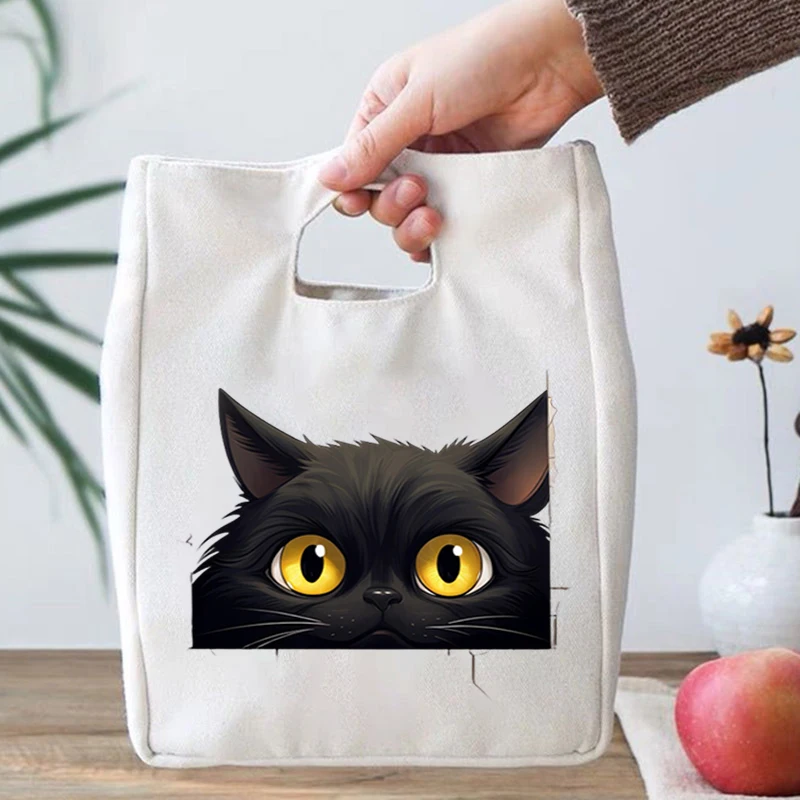 Portable Lunch Bag Cartoon Black Cat Pattern Food Thermal Box Canvas Handbags Women Kids Outdoor Insulated Food Bento Lunch Bags