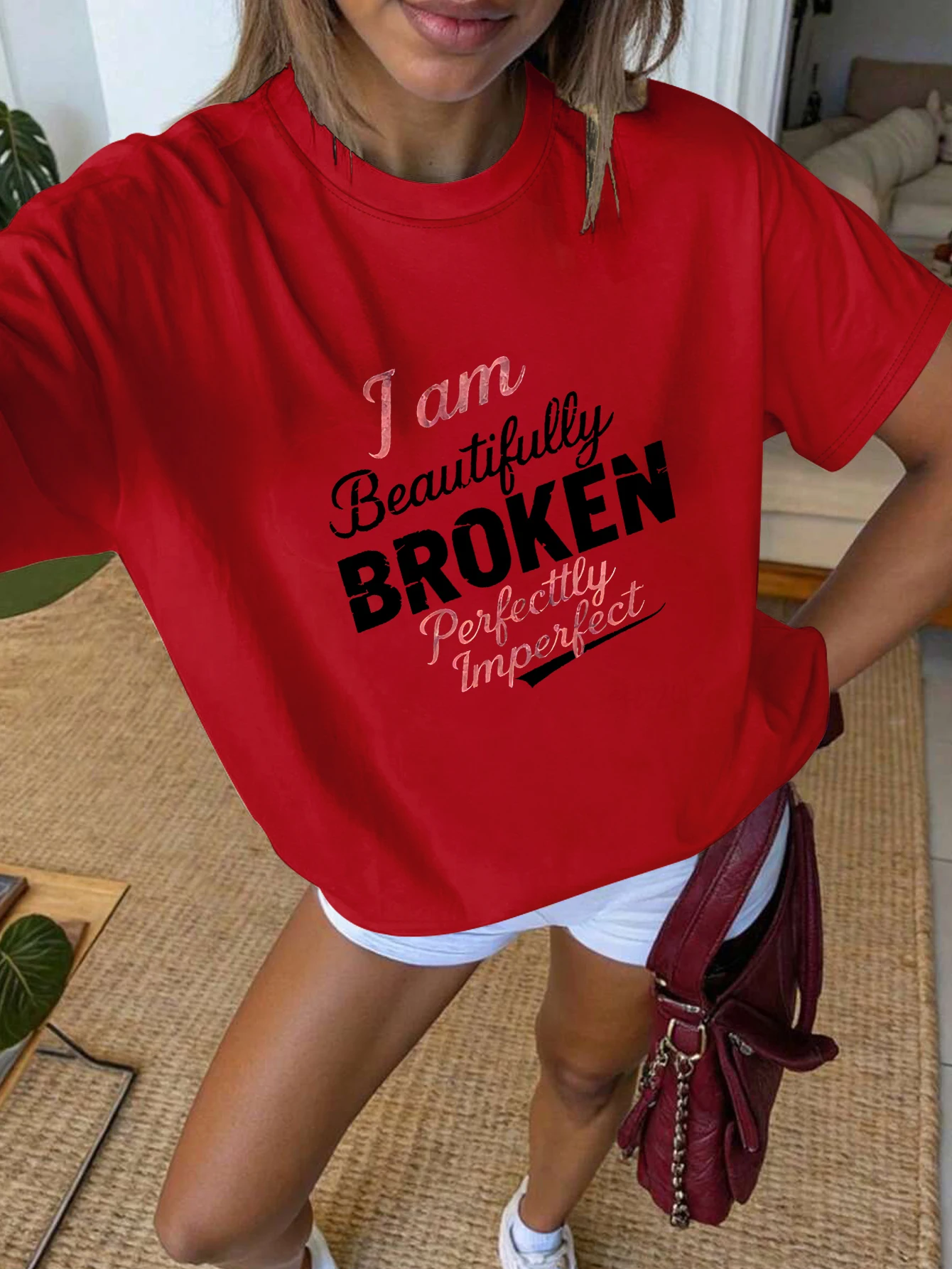 Camiseta rosa de manga corta para mujer de talla grande, estampado gráfico "I am Beautifully BROKEN", ropa informal elegante y empoderada