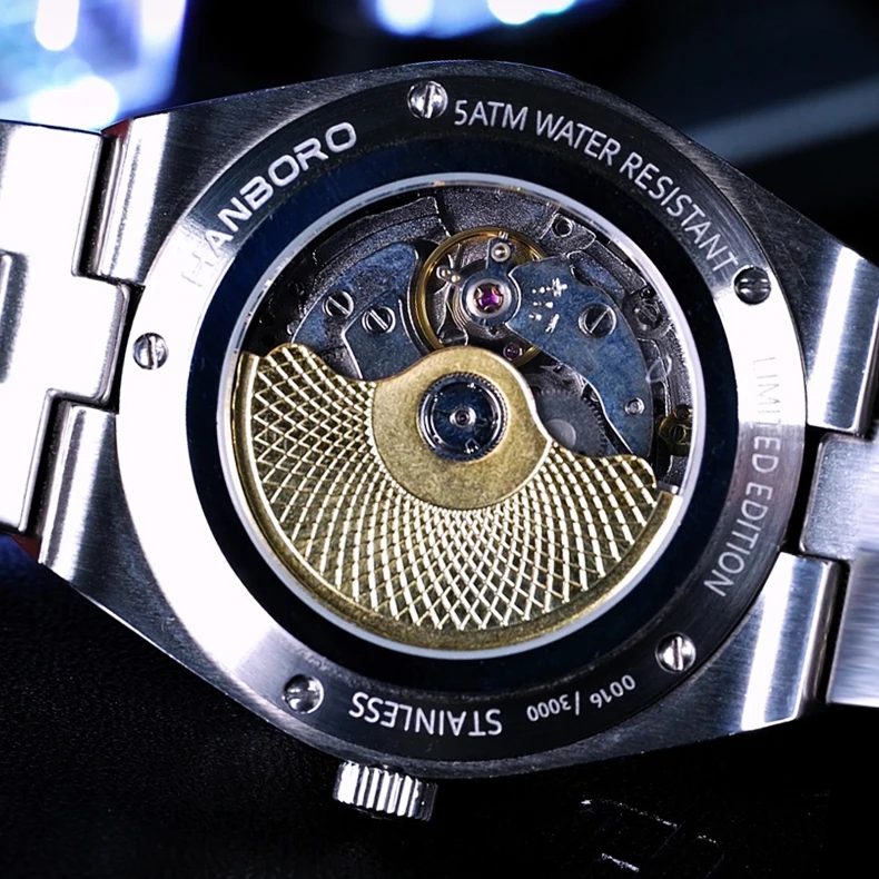 HANBORO ผู้ชายนาฬิกาอัตโนมัติ 42 มม.นาฬิกาข้อมือ Muliti Dial 50M กันน้ําเดือนสัปดาห์วันที่ Night-Day