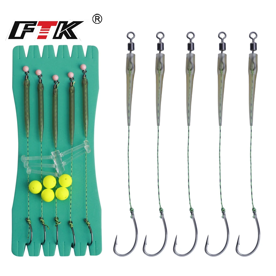 FTK 5PCS Carp Fishing Ready Tied Carp Rigs Quick Carp Fishing Hook Line Sleeves Tube For Carp Fishing Tackle Accessories