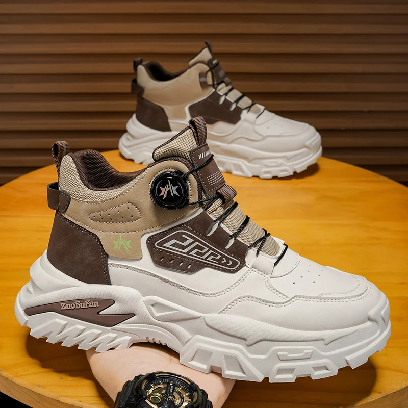 

Мужская обувь с высоким берцем, новинка 2025, осенняя модная брендовая универсальная кожаная спортивная обувь для мужчин, уличная противоскользящая толстая подошва