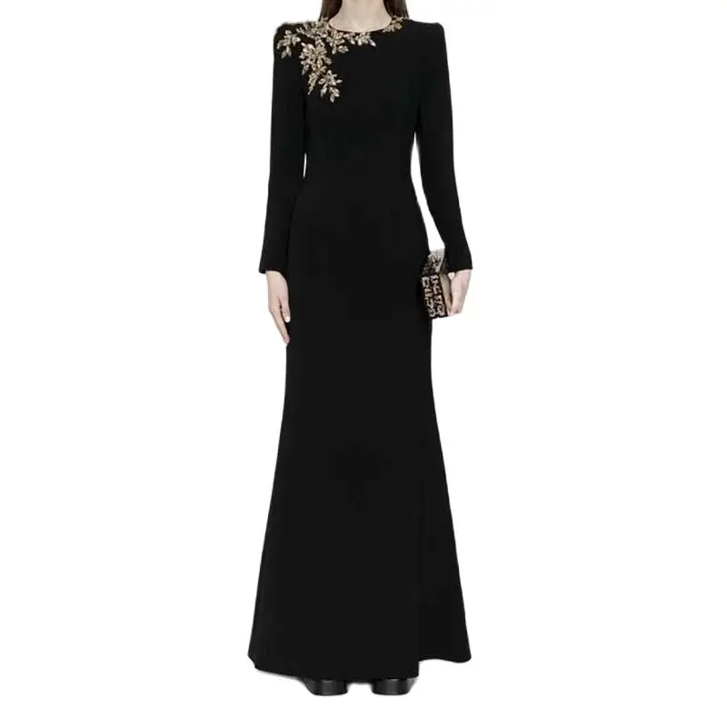 Elegant Black Velvet Evening Dresses Appliques O-Neck Long Sleeve Mermaid Floor Length Special Occasion Prom Party Women Gowns