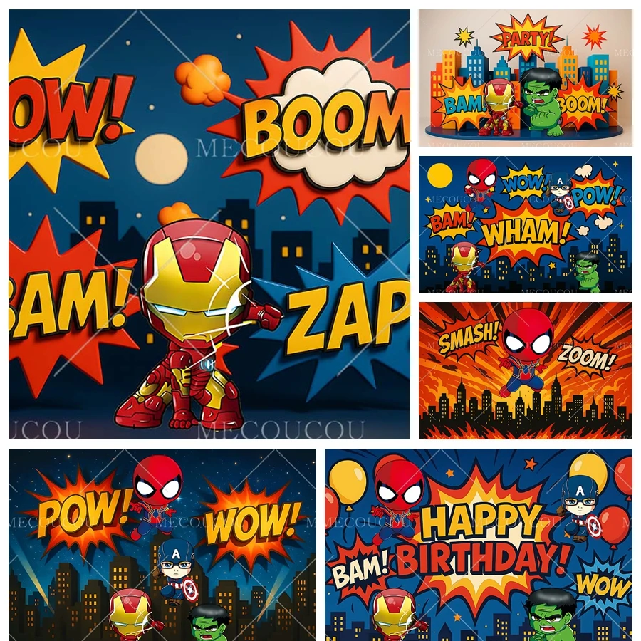 

Фон для вечеринки с изображением супергероя Marvel, Человека-паука, индивидуальный текст, Железный человек, Халк, детский фон для украшения дня рождения, фотография