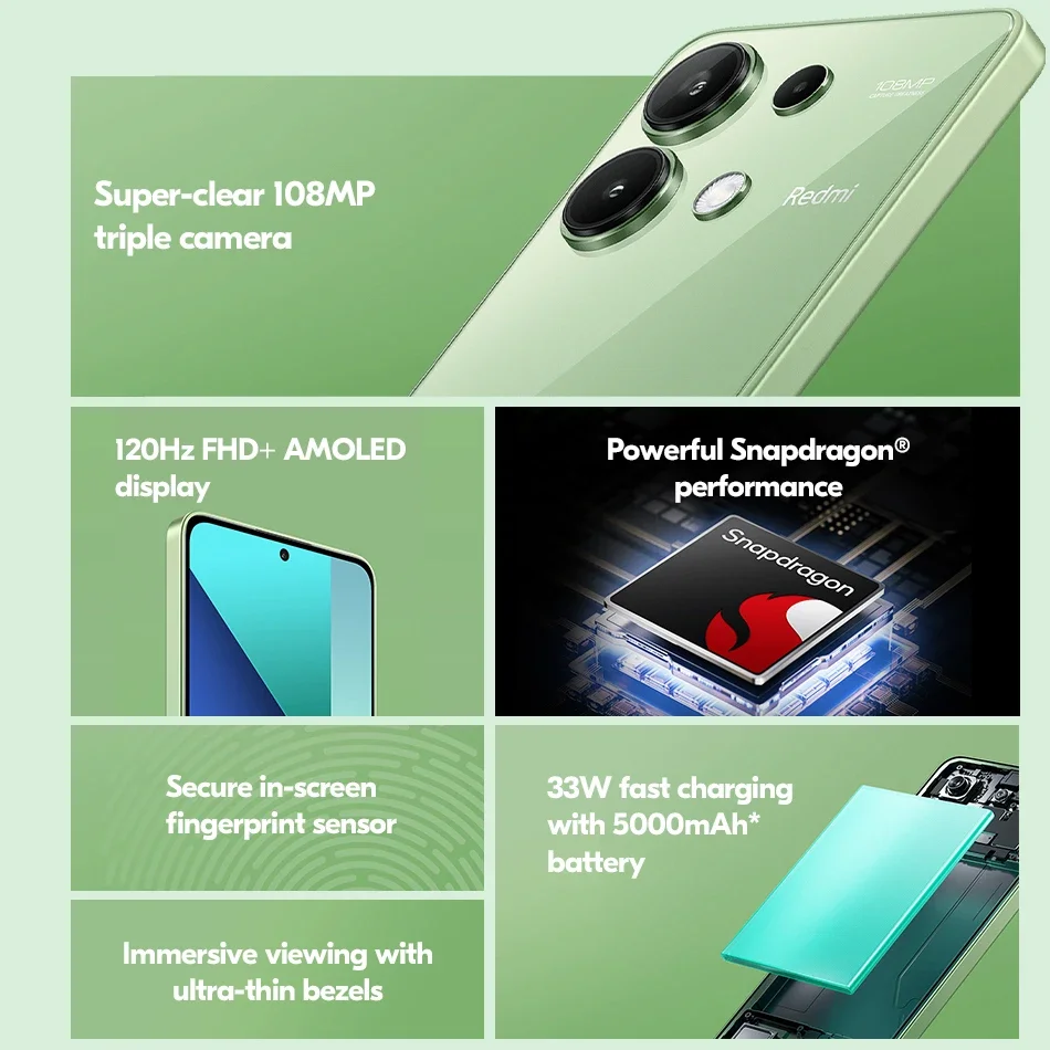 Global Version Xiaomi Redmi Note 13 4G Smartphone 108MP Triple Camera 120Hz AMOLED Snapdragon 685 Octa Core 33W Fast Charging