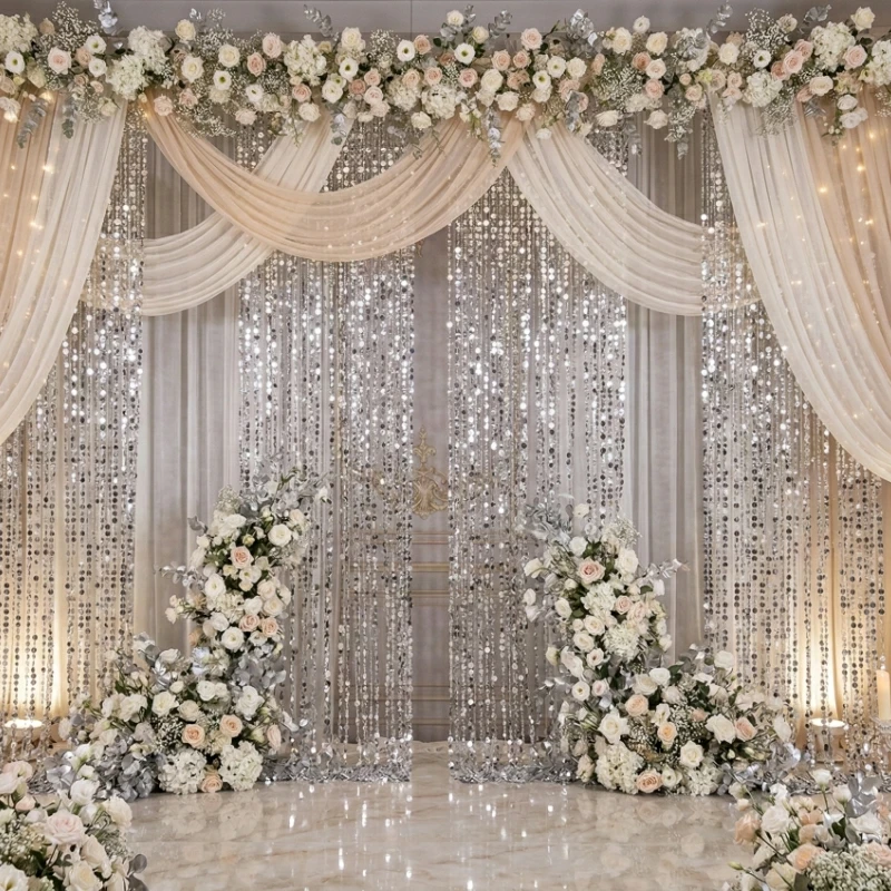 

2pcs Glitter Hanging Curtain with Pearl String Bead Sparkling Wedding Decoration Accessory Mirror Stage Backdrop Ceiling Props