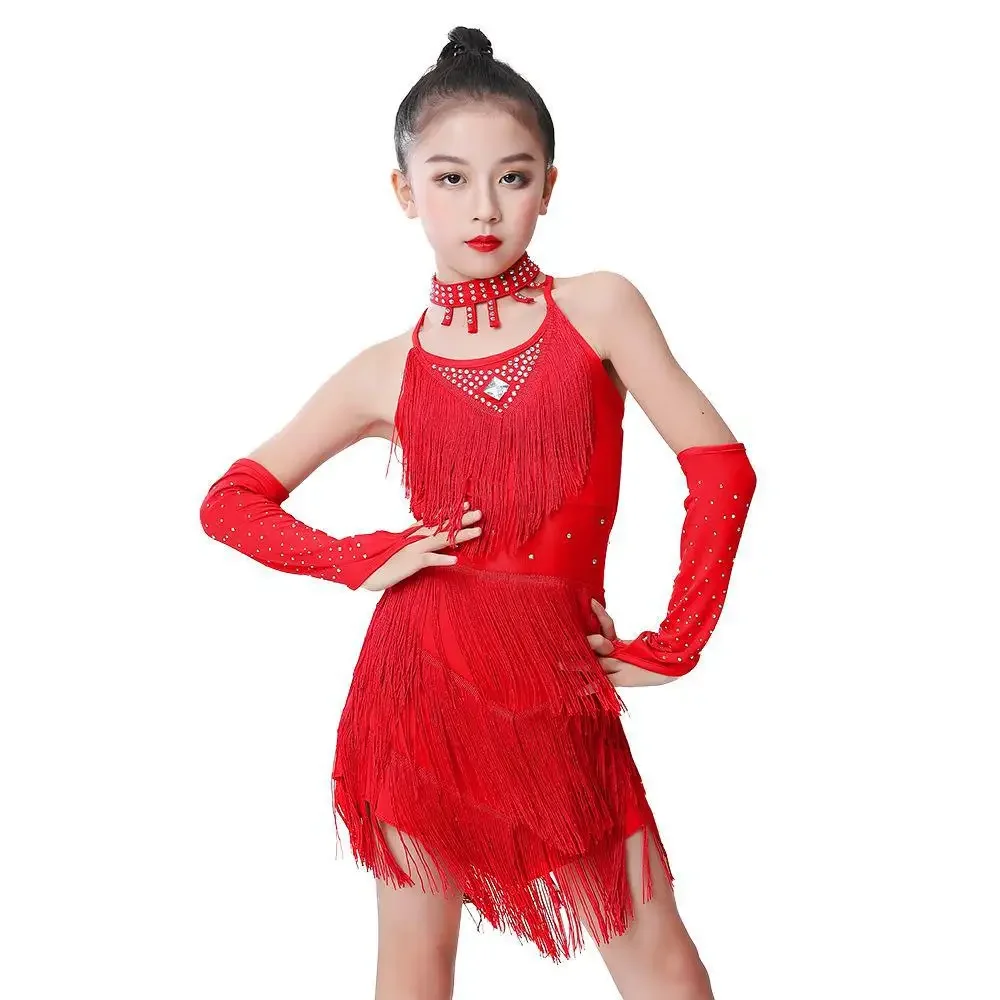 Nappe con frange di diamanti Abito da ballo latino per ragazze Bambini Abito latino Costume da ballo Costume professionale Salsa Rumba Cha Tango