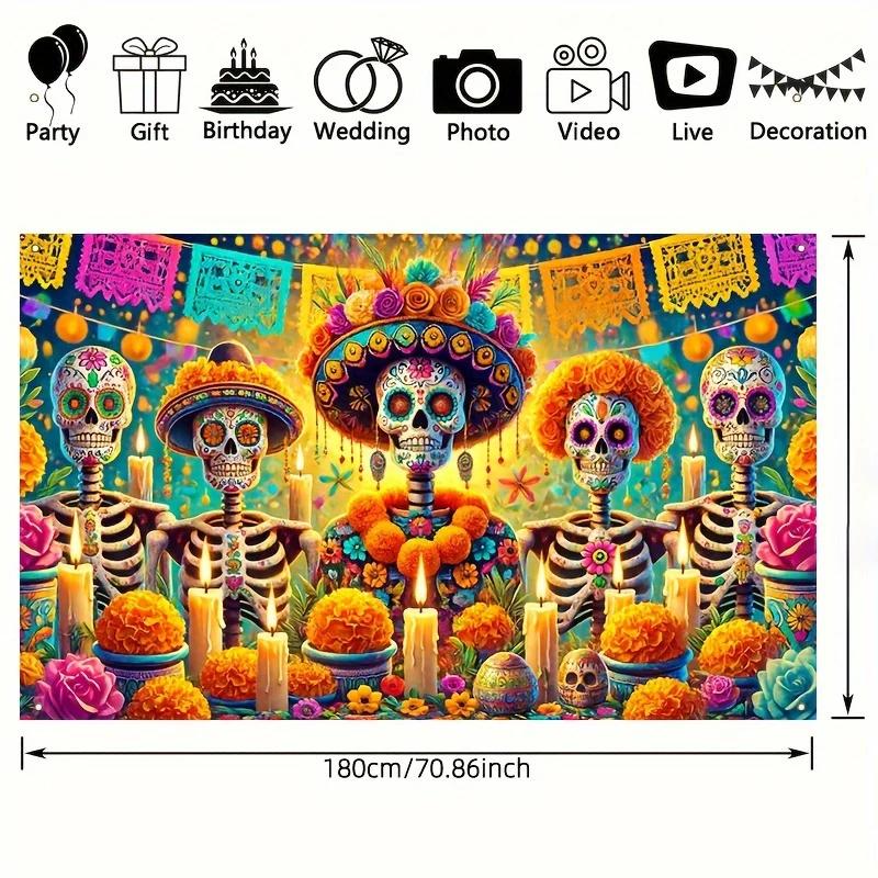 Colorful Skull And Marigold Halloween Day Of The Dead Banner Suitable For Photography Background Cloth Party And Home Decoration