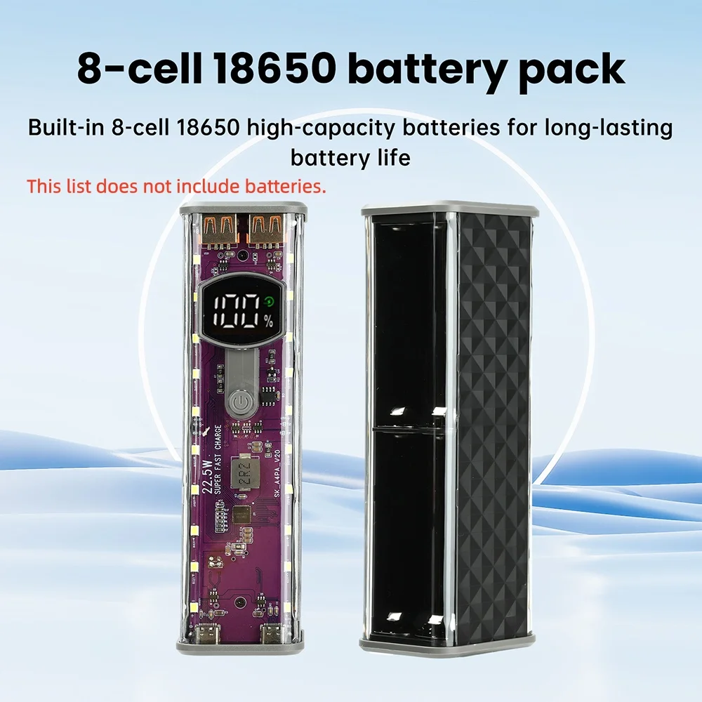 علبة بطارية 22.5 وات 8 × 18650 مبيت بنك طاقة شفاف خالٍ من اللحام يدعم وضع التيار المنخفض ومنافذ مزدوجة من النوع C #1