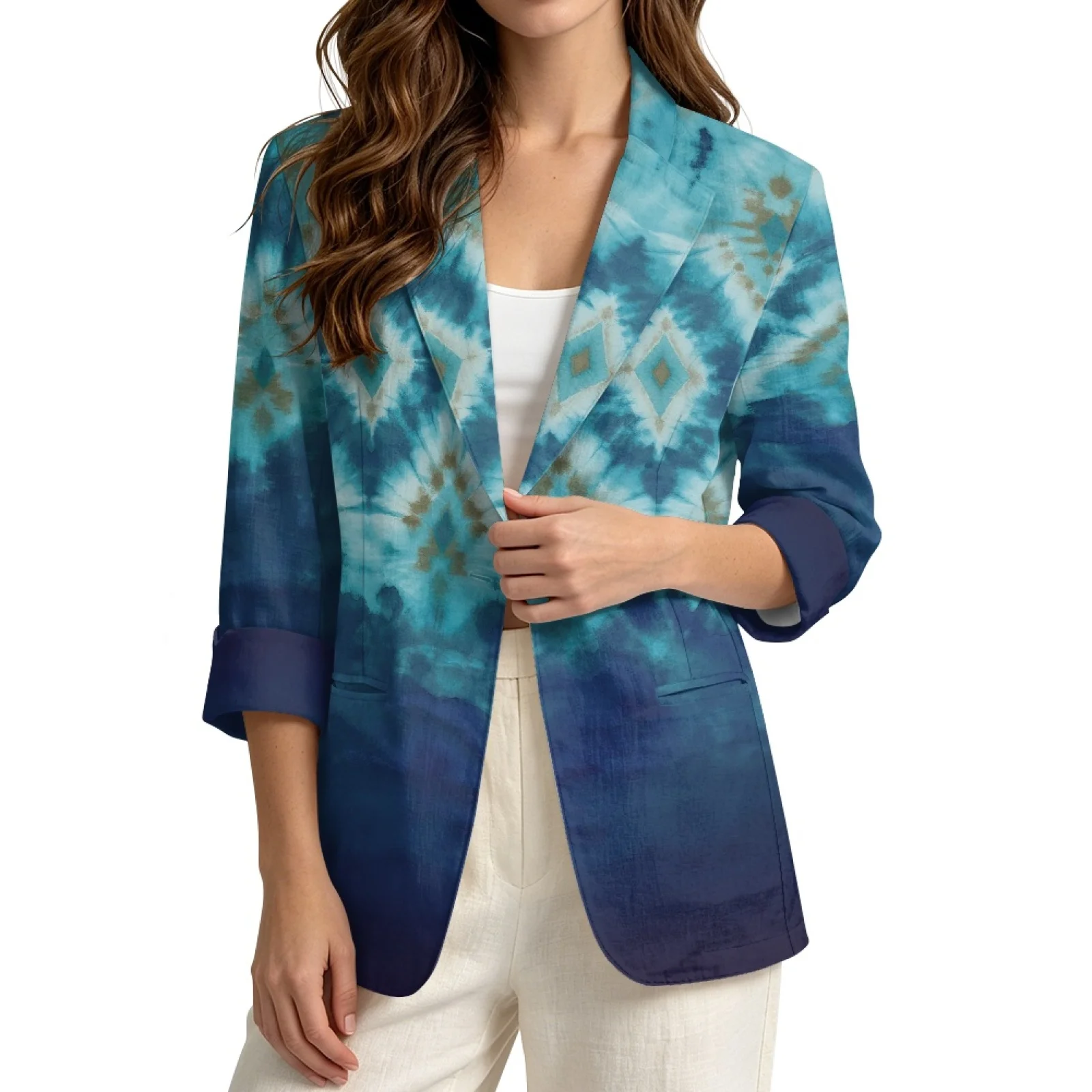 PENSTROLL Blue Tie Dye Pattern Linen Style Outerwear Daily Shrug for Female Casual Beach Cardigan