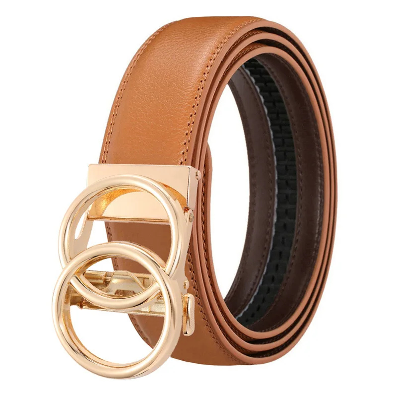 Herren Mode Einfacher Rindsledergürtel mit Doppelring-Automatikschnalle Stilvoller Gold-Silber-Legierungsgürtel für Hosen – Detail 5