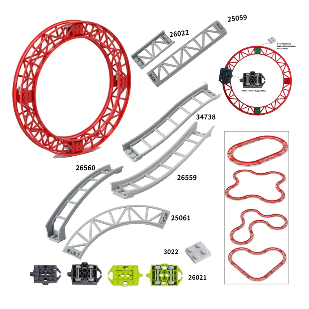 10pcs/set Car Track Roller Coaster Model Railway City Train Technics Parts MOC Building Blocks 26022 25059 25061 34738