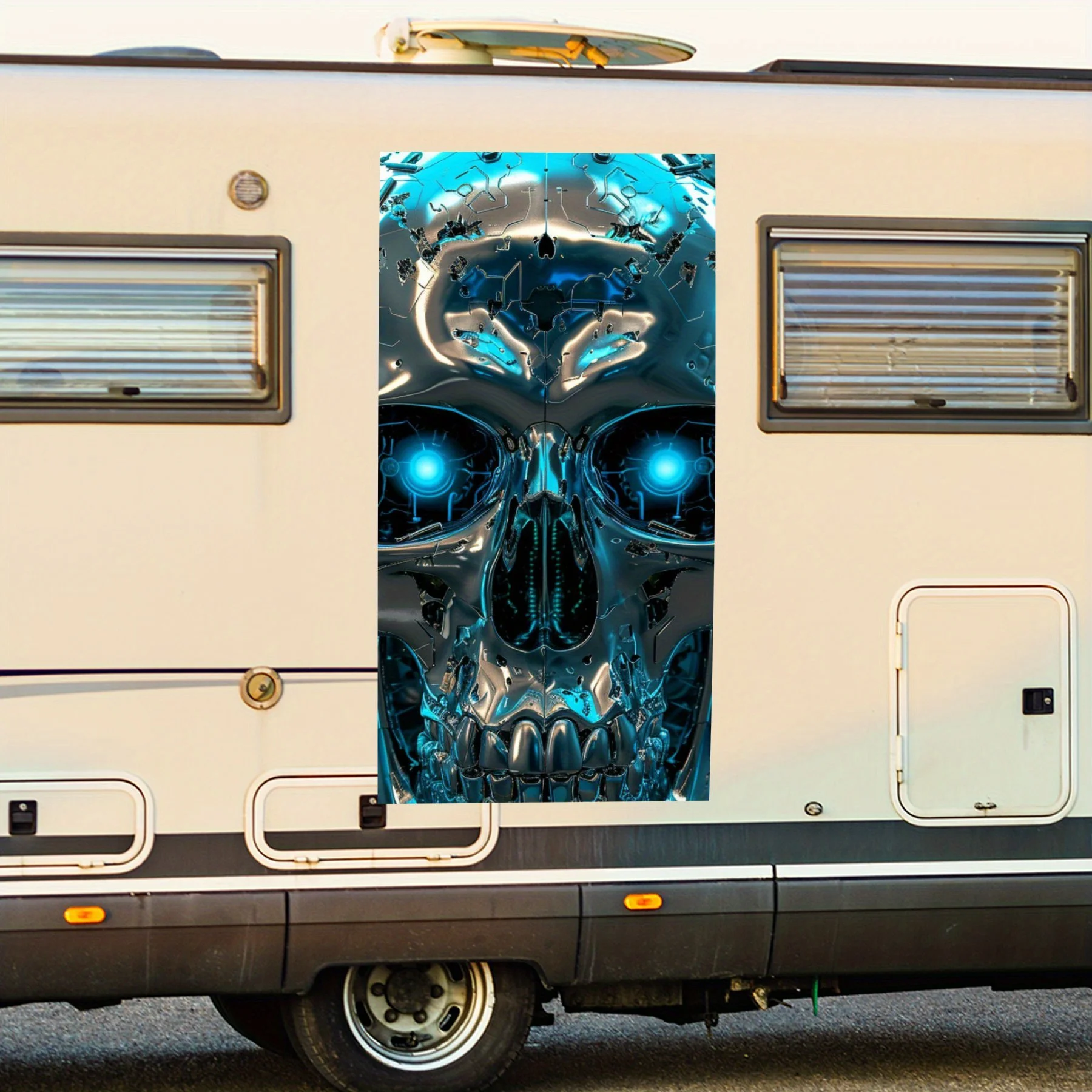 

Glowing Cyber Skull Futuristic Metal Decal for Motorcycle & Truck Car Sticker,Vinyl decal on the side of the motor home, waterpr