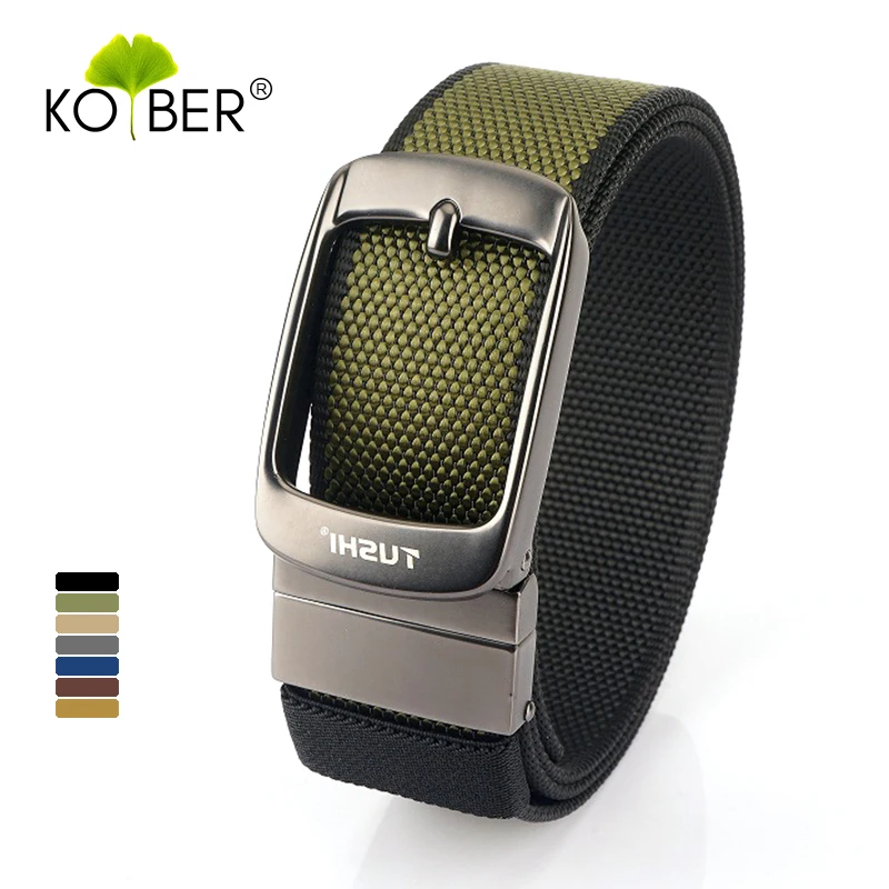 KOLBER New Reversible Belt for Men Alloy Silver Automatic Buckle Casual Belt Tight Nylon Outdoor Work Belt Black Waistband Male