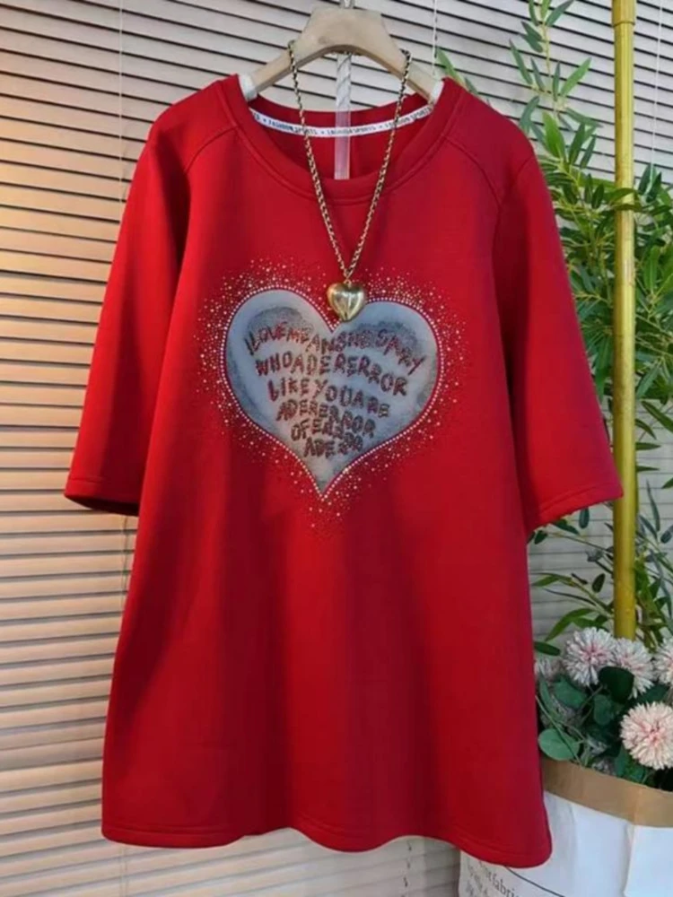 100กก.ผู้หญิงขนาดใหญ่ฤดูใบไม้ผลิฤดูร้อน2025ใหม่แฟชั่นTเสื้อผู้หญิงHeavy Industry Loveอเนกประสงค์Slimเสื้อยืดแนวโน้ม