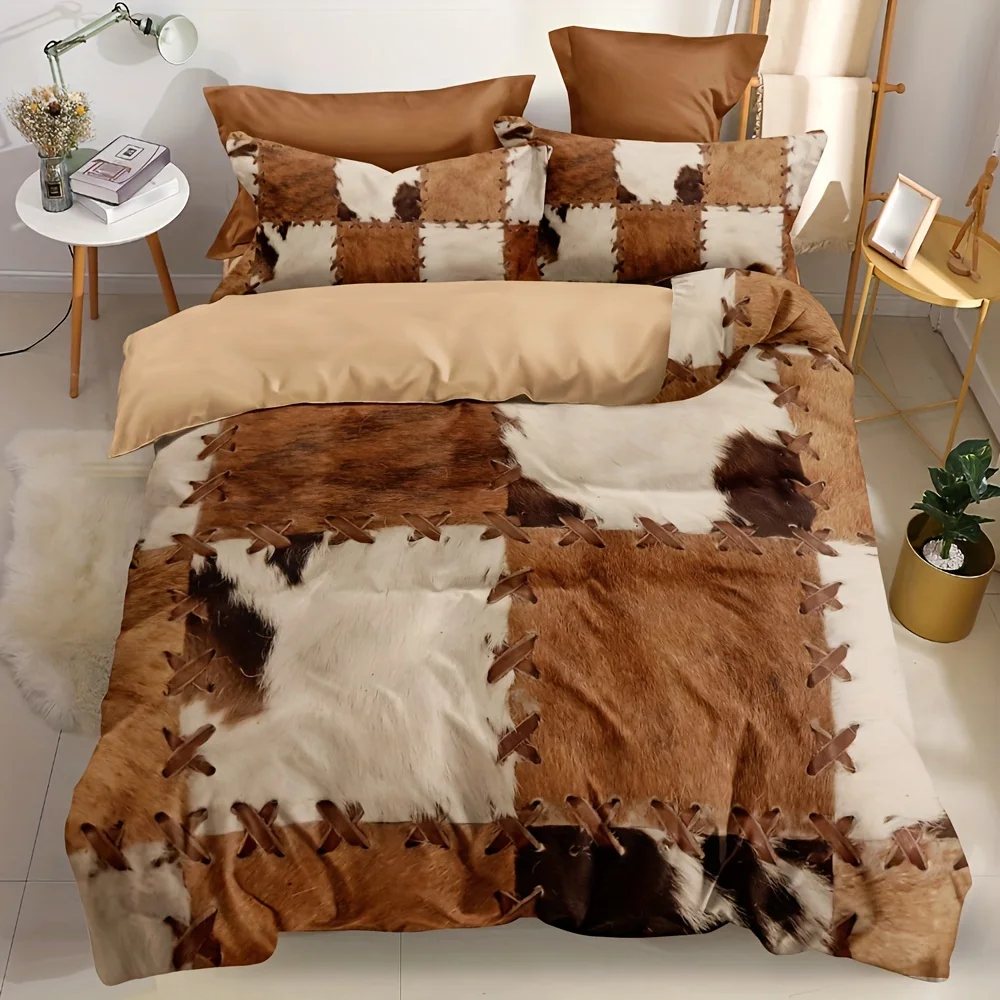 

Fur Pattern Stitching Print Rustic Cowhide Style Bedding Set Soft Comfortable Duvet Cover For Bedroom Guest Room