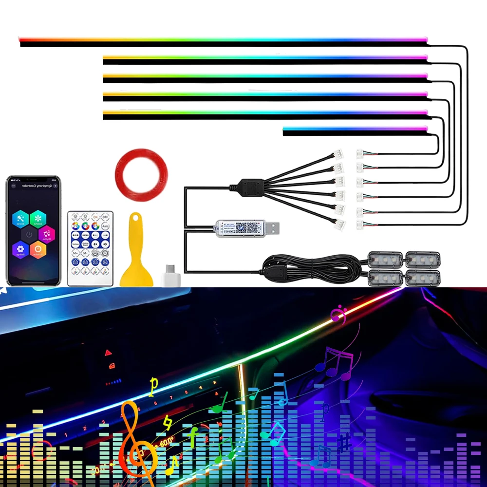 Dynamiczne oświetlenie wnętrza samochodu, pasek RGB, oświetlenie ambientowe z synchronizacją z muzyką, oświetlenie wnętrza samochodu z USB, neonowy pasek na deskę rozdzielczą. — 2