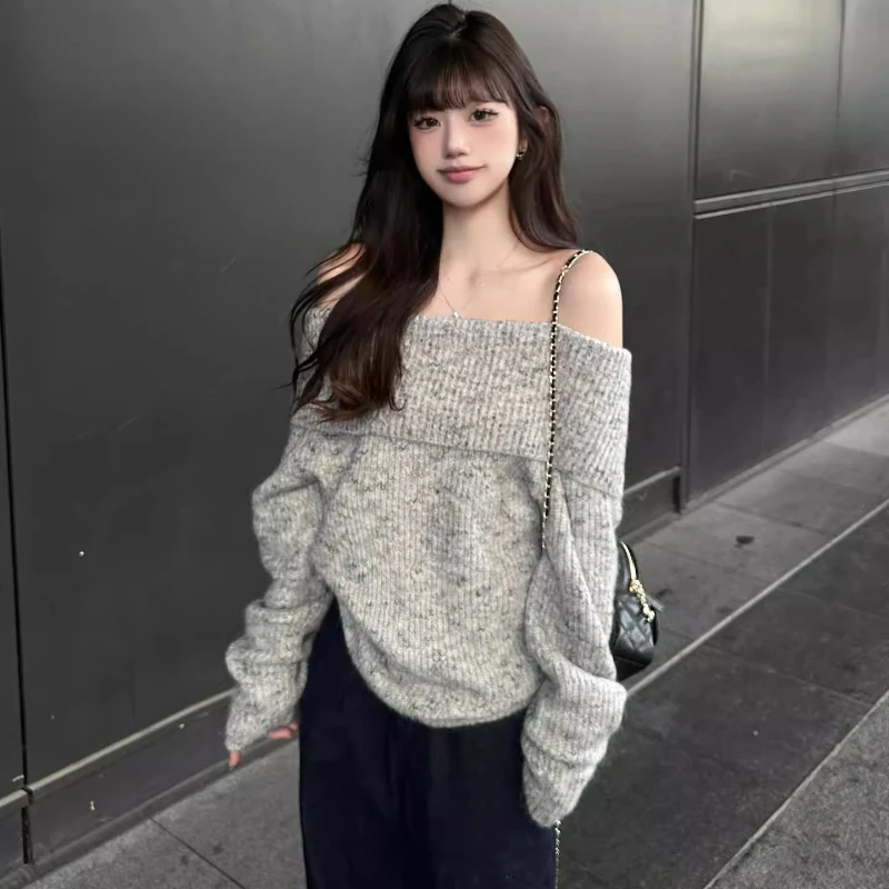

Elegant Off Shoulder Lazy Sweaters Women Y2k Korean Fashion Streetwear Thicken Knitted Jumpers Casual Loose Slimming Pullovers