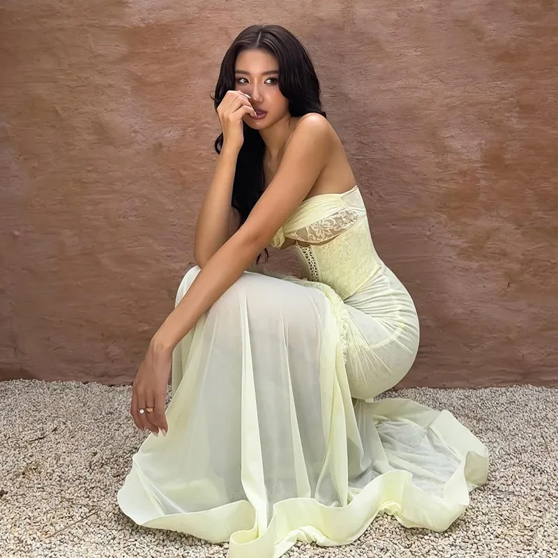 

Summer Lace-up Flower Ruffle Edge Holiday Dresses Sexy Strapless Lace Hollow Out Prom Dress for Women 2025 Celebrity Club Wear