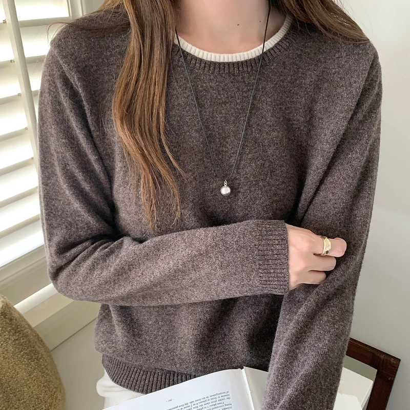 Autumn Winter New Arrival Women's Merino Wool Pullover Sweater O-Neck Contrast Rib Trim Solid Soft Mellow Long Sleeve Knit Top