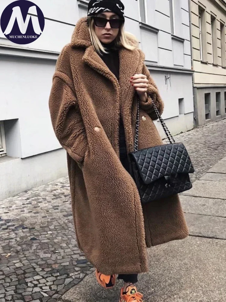 Artificial Lamb Down Lapel Mid Length Coat for Women, Warm Fur Coat, Casual Loose Overcoat, Elegant Fashion, New, Winter, 2023