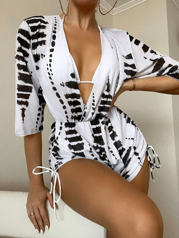 Roupa de banho estampada floral feminina, terno sexy de 3 peças, moda praia com cordão, biquíni de férias, bodysuit geral, novo verão, 2024