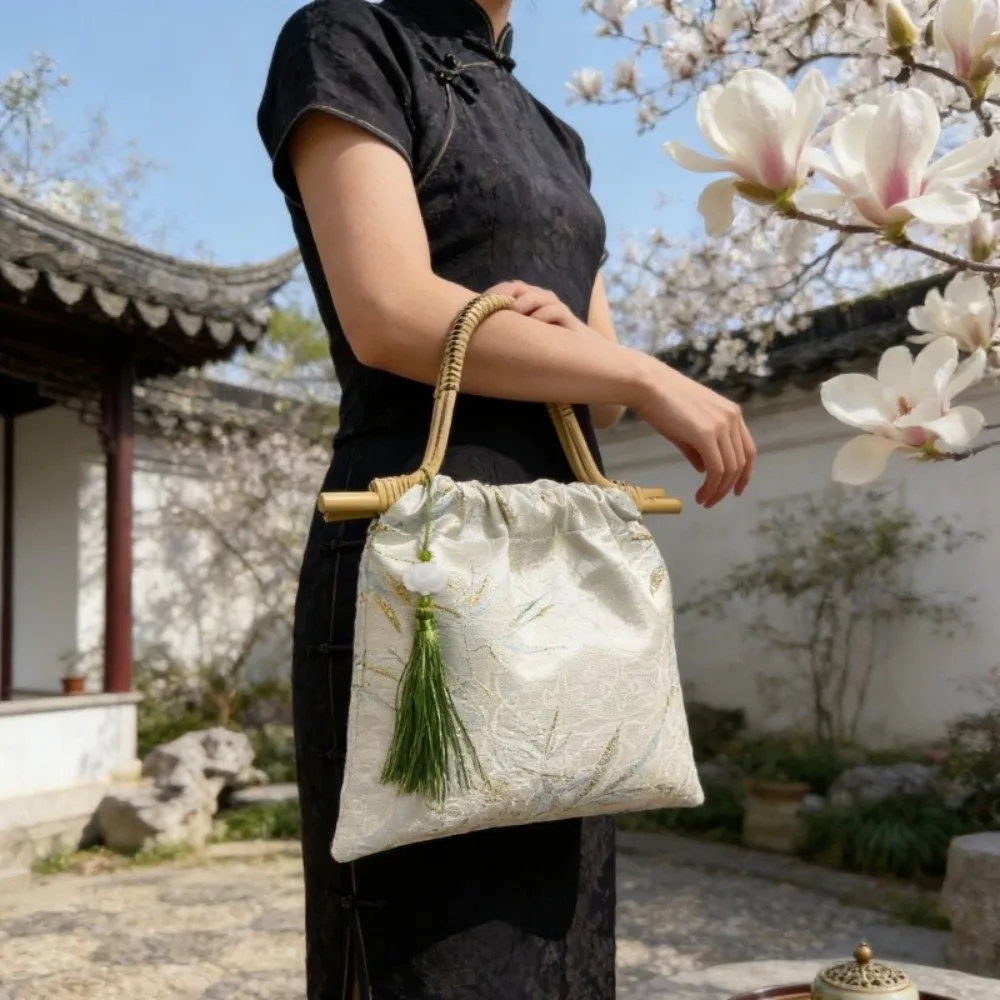 Imitation Bamboo Node New Chinese Style Handbag Bamboo Leaf Resin Hanfu Bucket Bag Tassel Printed Tote Bag Cheongsam Accessories