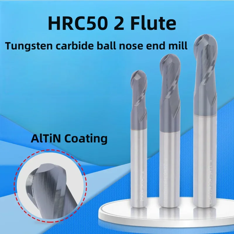 HRC50 2 Flutes  AlTiN Coating Ball Nose End Mill Tungsten Carbide Ball Head Milling Cutter R0.5x6x2x50 R2.5x6x10x100 R1x6x4x100