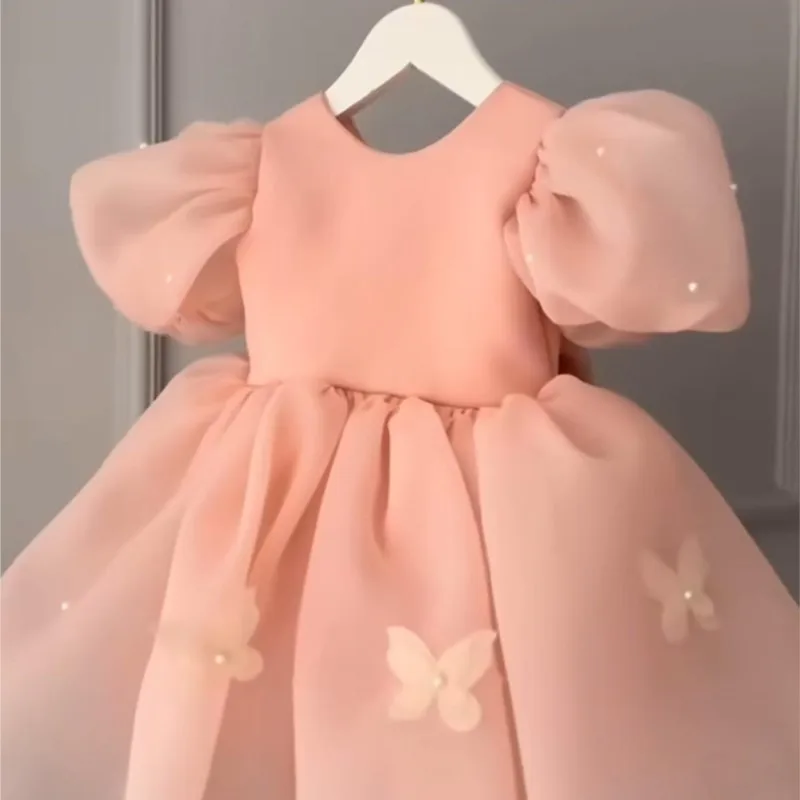 Baby Girl Princess Tutu Dress Puff Sleeve Infant Toddler Child Vintage Pearl Butterfly Vestido Wedding Party Baby Clothes 1-12Y