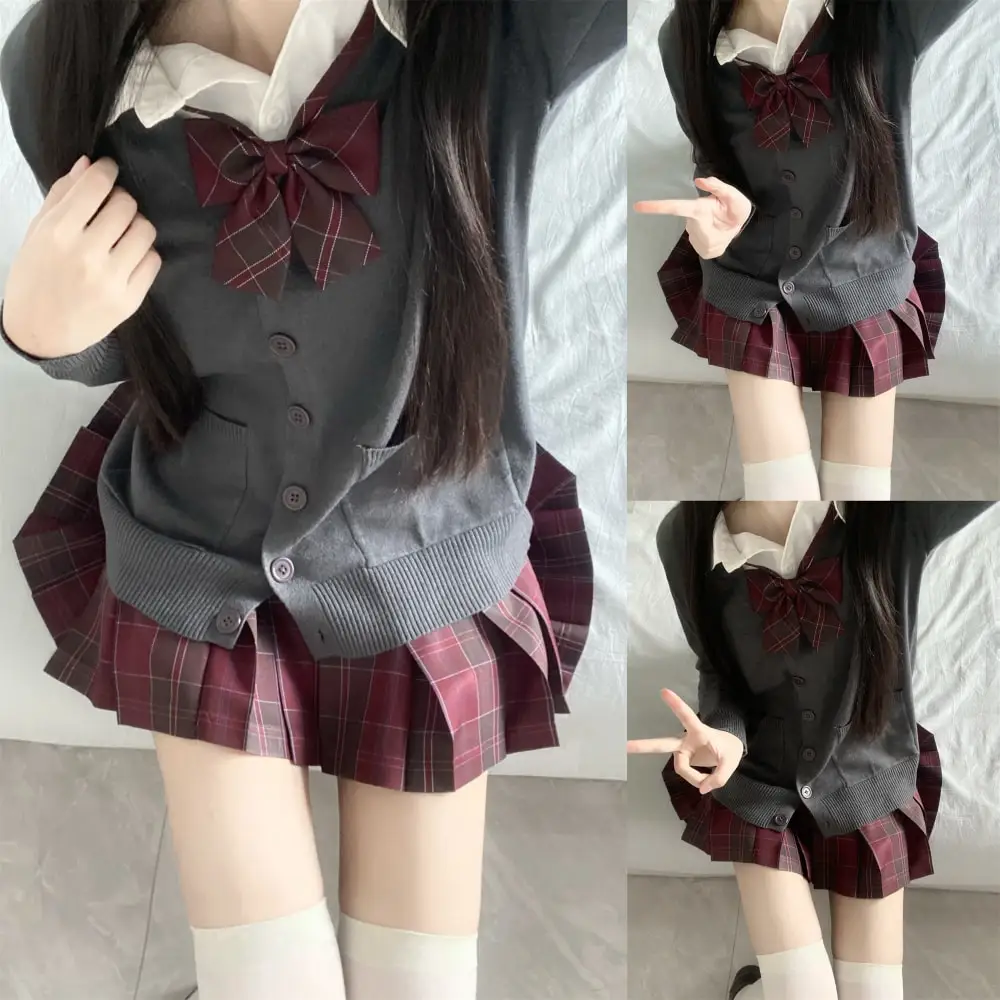 3Pc Set Japanese Korean School Uniforms Multicolor Sweater&Plaid Pleat Skirt with Bow Jk Uniform Suit Graduation Costumes Women