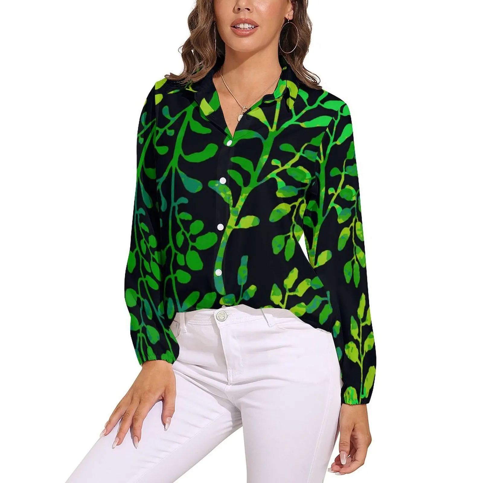 

Green Leaf Blouse Long-Sleeve Foliage And Plants Pretty Blouses Woman Classic Oversize Shirts Custom Top Birthday Present