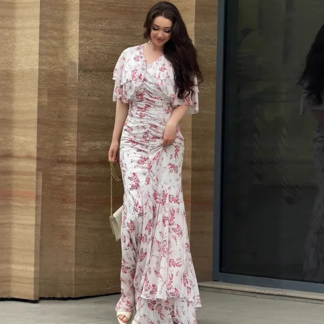 Kleider für Damen, süßes langes Kleid, Blumendruck, V-Ausschnitt, Schmetterlingsärmel, Maxikleid, A-Linie, Bürodame, 2025, Sommer, Rüschen, Vestidos