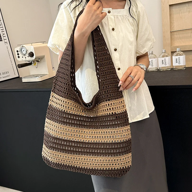 Hollow Knitting Stripe Handbag Aesthetic Shoulder Bag Contrast Color Knitted Tote Bag Women  Woven Bag For Ladies New