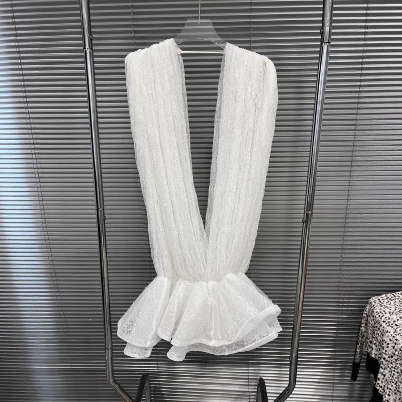 HKSH 2026 Spring Summer New Women's Short Dress O-neck Long Sleeve T-shirt Shorts Pleated Mesh Lace Elegant Sexy Dresses HK18092