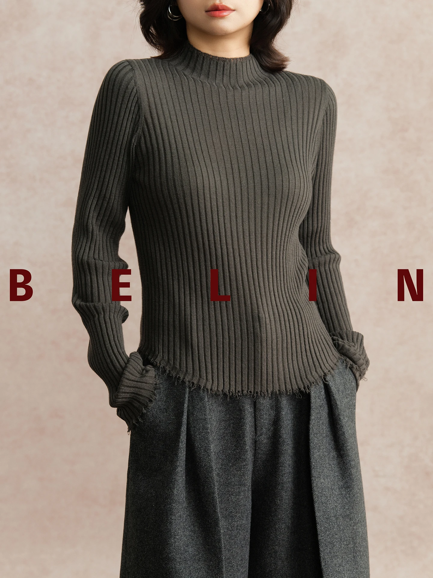 

Классический трикотажный топ Belin с высоким воротником для женщин, легко надеваемый, с вертикальными полосками, пэчворком и бахромой