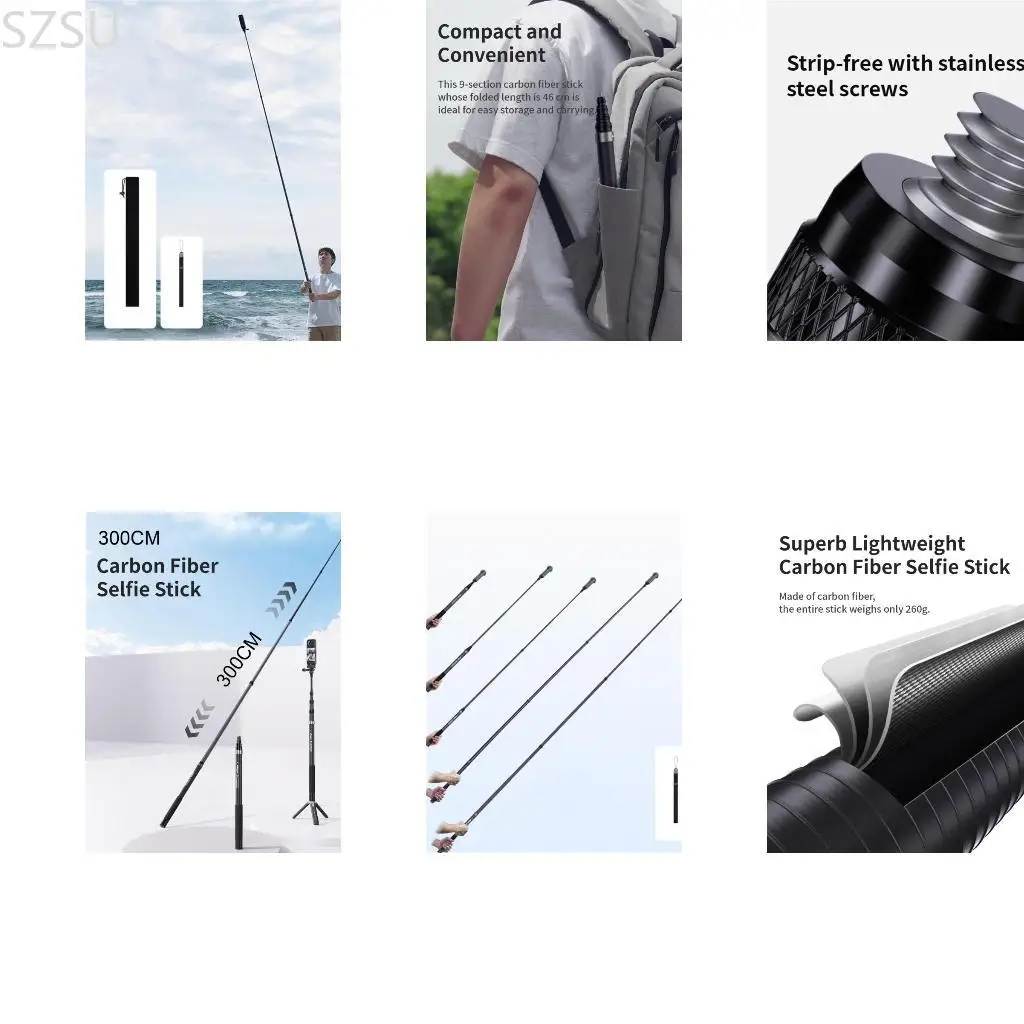 

SZSU 300 см невидимая палка для селфи из углеродного волокна, удлинитель для селфи для путешествий, фотографии и спортивных