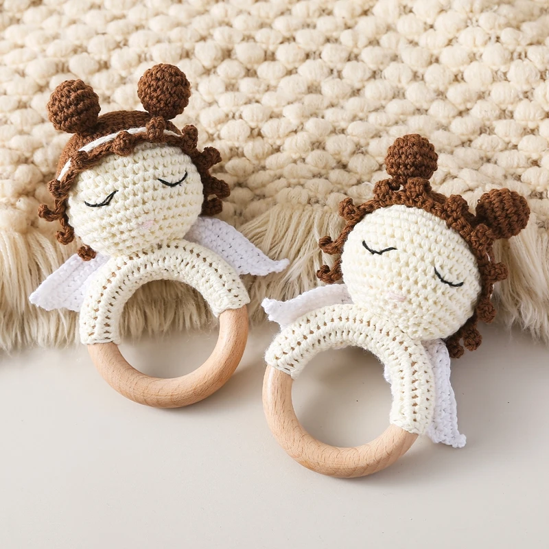 Baby Crochet Rattle Toy Baby Crib Comfort Toys For 0-12 Months Beech Teether NO BPA Cartoon Angels Shake Musical Toy Baby's Gift