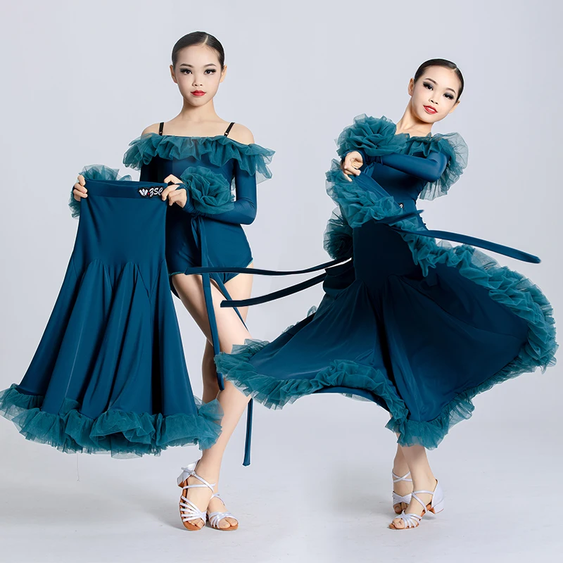 New Ballroom Dance Clothing For Girls Long Sleeved Big Swing Skirts Suit Waltz Tango Latin Modern Dance Performance Wear DN16677