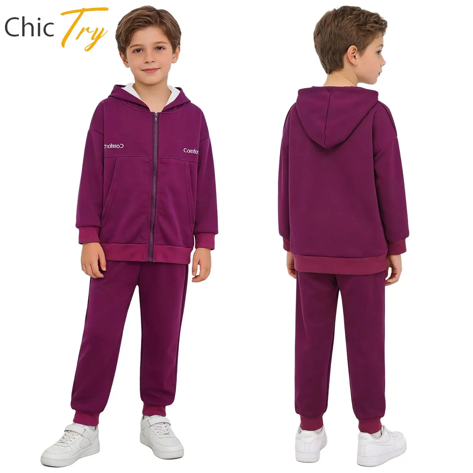 

2Pcs Kids Girls Running Sports Outfit Long Sleeve Zipper Hooded Sweatshirt+Sweatpants Set for Casual Workout Training Outfit