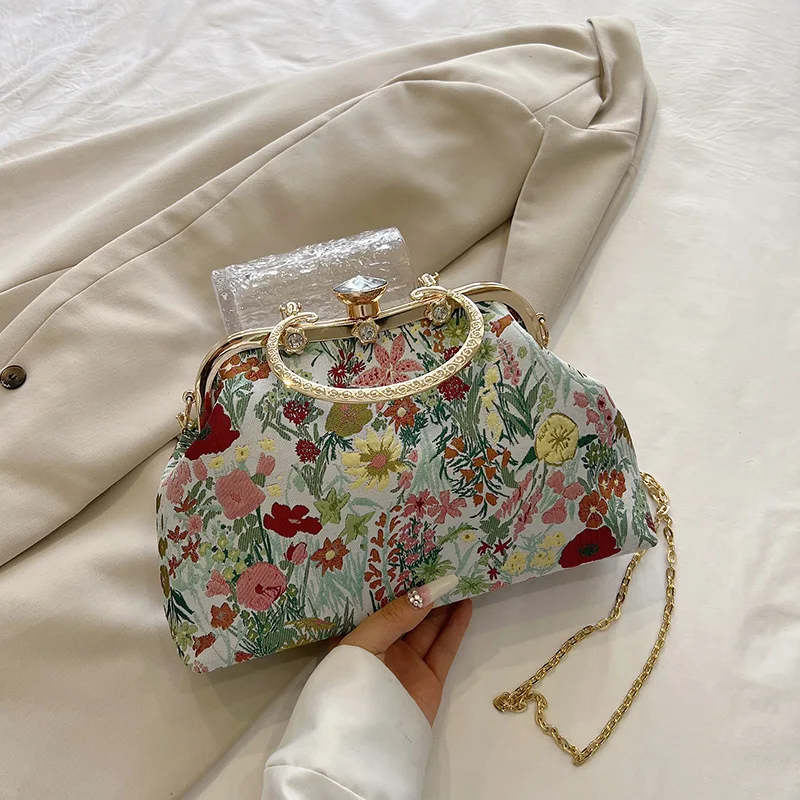 

2024 New Seashell Evening Bags For Women Vintage Flower Print Small Clutches Metal Handle Handbag Prom Party Chain Shoulder Bag