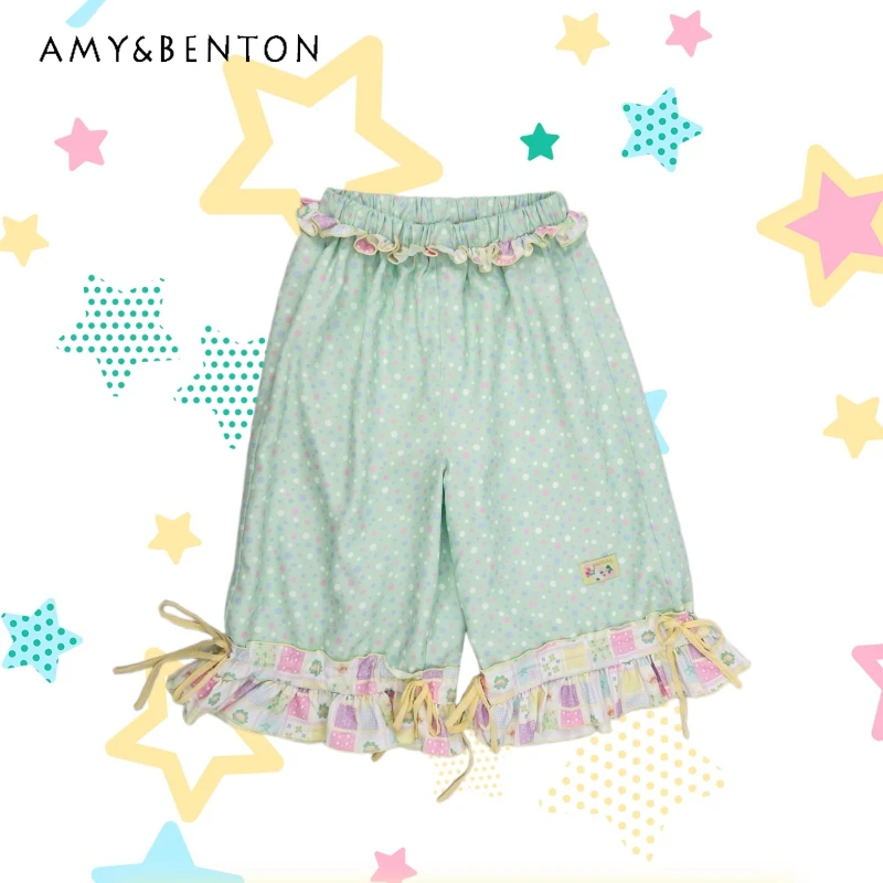 

Japanese Original Design Green Polka Dot Print Elastic Waist Women's Wide Leg Pants New Lace Drawstring Hem Tie Capris Ladies