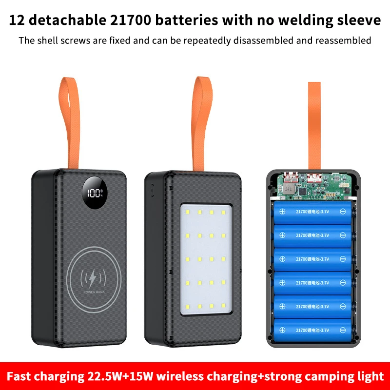 

【Держатель для 12 аккумуляторов 21700, быстрая зарядка 10W/22.5W, беспроводная зарядка 15W, DIY-корпус для блока питания, зарядное устройство с двумя портами USB Type-C и LED-индикатором】
