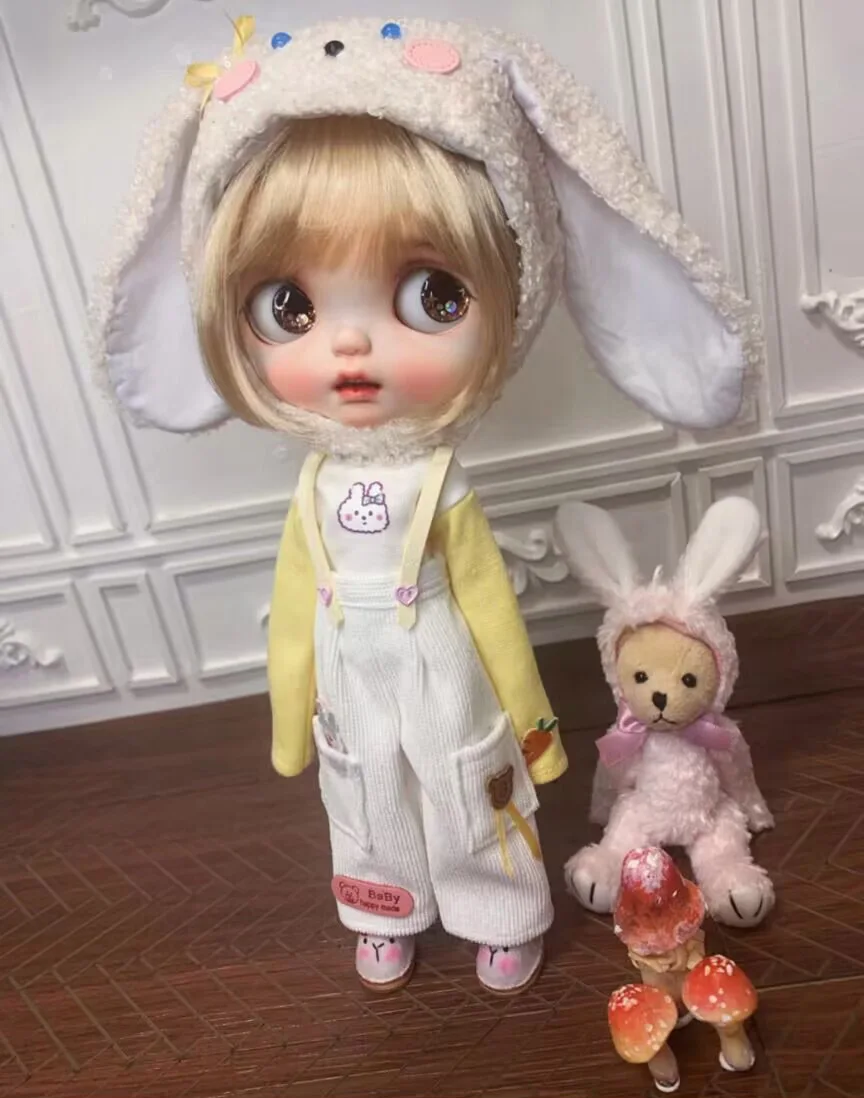 2025 3pcs kawaii cute cream rabbit Blythe/Landoudou Top, overalls, rabbit hat 1/6 30cm(Fit for  azone,Pullip,Ob22/24/26, Licca)