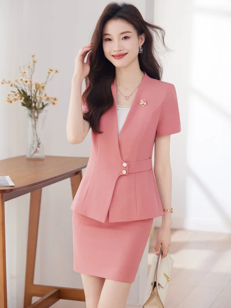 Elegante rosa schlanke Mode Sommer profession elle Business-Frauen arbeiten Anzüge mit 2 Stück Tops und Rock Damen Blazer Outfit S-4XL