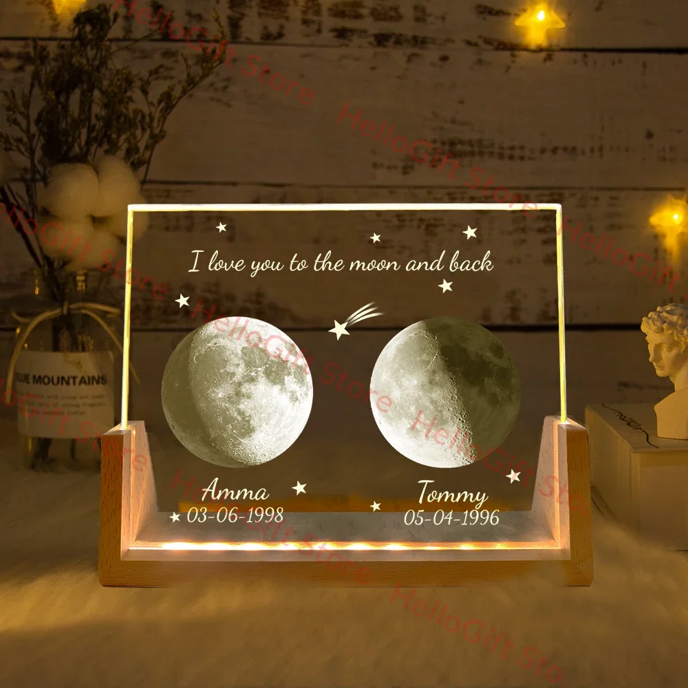 Romantic Customized Moon Lamp Crystal Personalized Engraving Night Light for Couple Family Bedroom Home Decor Gift