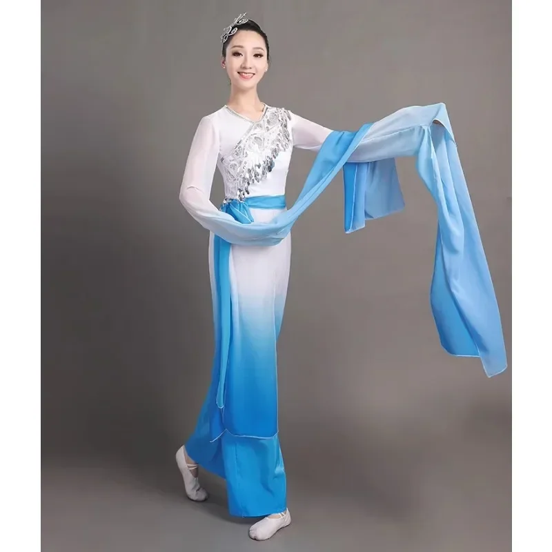 Costume da performance di danza Hanfu con maniche ad acqua da donna Danza classica per uomini e donne, abito da performance di danza con inchiostro, maniche lunghe da donna