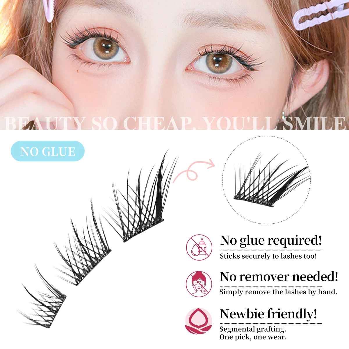 자동 접착형 속눈썹 클러스터 접착제 필요 없음 개별 속눈썹 재사용 가능 부드러운 속눈썹 연장 제품 (여성용)