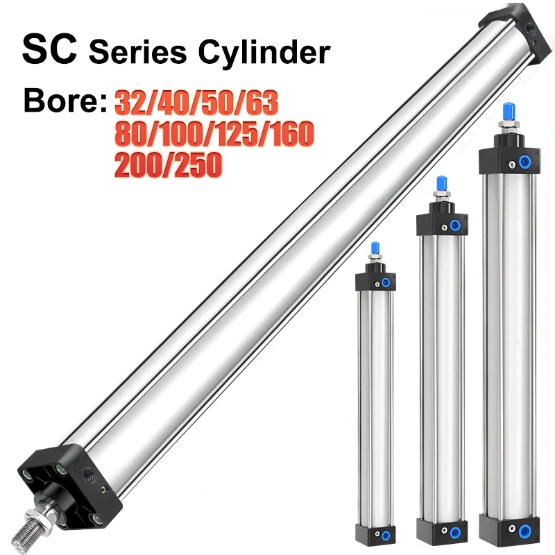 Standard Pneumatic Cylinder SC32/40/50/63mm Bore Air Piston Double Acting 25-1000mm Stroke Aluminum Alloy Actuator Parts