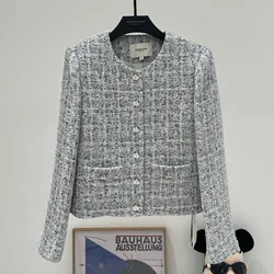 Chaqueta de tweed gris para mujer, abrigo a cuadros vintage, chaqueta coreana, alta calidad, otoño e invierno, 2023