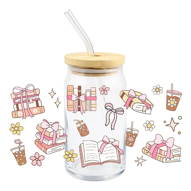 Books 3D UV DTF Sticker Durable Waterproof Bowknot Drink Transfer Sticker HIgh Quality 16 OZ Libbey Glass Wraps Cup Decals