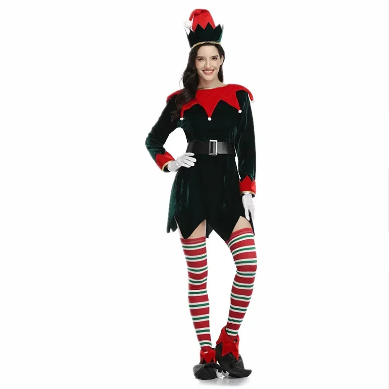 Adults Christmas Green Elf Costume Xmas Party Santa Helper Elf Cosplay Costume Female Fancy Dress